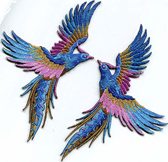 Picture of Phoenix phenix birds azure blue pink gold embroidered appliques iron-on patches pair S-1338