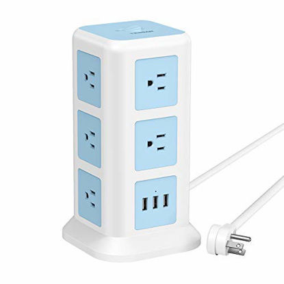 Picture of TESSAN Power Strip Flat Plug Electric Charging Station with 11 Widely Spaced Outlets and 3 USB Ports  15A  6.5ft Extension Cord Surge Protector Tower Charging Stand for Home  Office  Blue