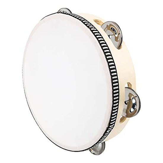 Picture of Tambourines  10 inch Tambourine for Adults Wooden Handheld Drum Bell Single Row 8 Pairs Birch Metal Jingles Percussion Musical Instrument for Kids  Church KTV Party Games