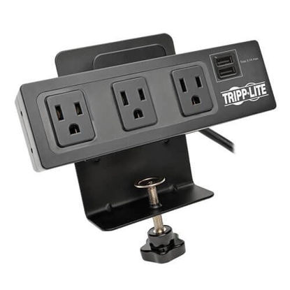 Picture of Tripp Lite 3 Outlet Surge Protector Power Strip with Desk Clamp  10ft. Cord  510 Joules  2 USB Charging Ports  Black  $20K Insurance & (TLP310USBC)