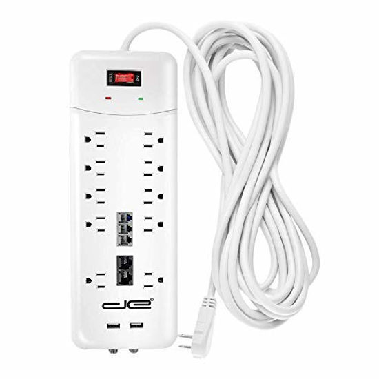 Picture of Digital Energy 10-Outlet Flat Plug 3500 Joules Heavy Duty Surge Protector Power Strip  8 Foot Long Extension Cord  Two USB Charging Ports  Coaxial  Phone Protection  ETL Listed  15 AMP  8 FT  White