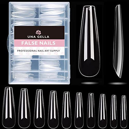 Picture of UNA GELLA Full Nail Tips Extra Long Tapered Sqaure Tips 500pcs No C Curve Nail Tips XXL Long Straight Nails Tips Full Cover Clear Acrylic Nail Tips Square Long Full Press on Nails Clear Press On Nails Tip with Box