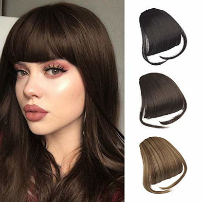 Picture of Sofeiyan Clip in Bangs Hair Extensions Fringe Bangs Darkest Brown Tend to Black Clip on Bangs Synthetic Hair Natural Flat Bangs Hairpiece with Temple One Piece for Women Girls