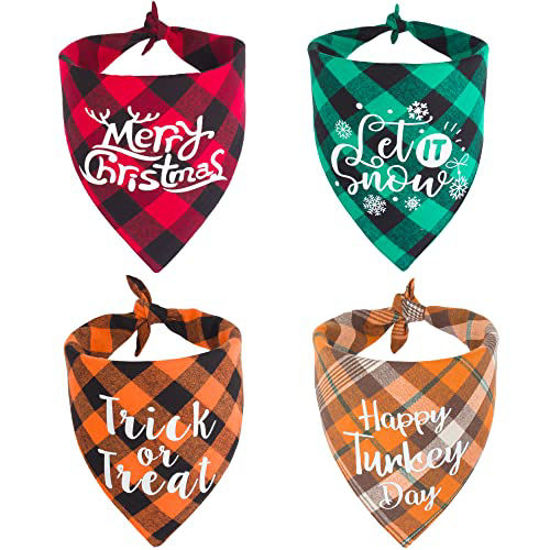 Picture of 4 Pack Plaid Holiday Dog Bandana  Halloween Thanksgivng Christmas Dog Bandana Scarf Triangle Bibs Kerchief Christmas Thanksgivng Halloween Bandana for Small Medium Large Dogs Pets