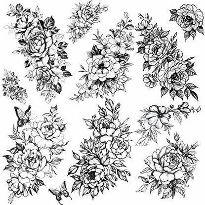 Picture of Black Flower Temporary Tattoos  6-Sheet Large Fake Flower Half Arm Sleeve Tattoos Sticker Tumbler Tattoo for Weomen Girls Kids Parties Tumbler Makeup