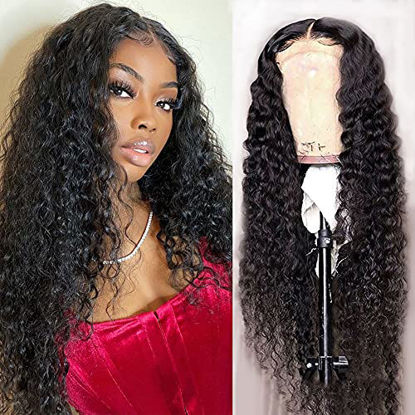 Picture of Water Wave Lace Front Wigs Human Hair Pre Plucked 4x4 Lace Closure Wigs Human Hair Curly Wave  150% Density Wet and Wavy Human Hair Wigs for Black Women with Baby Hair (16 Inch  Curly Wig Human Hair)