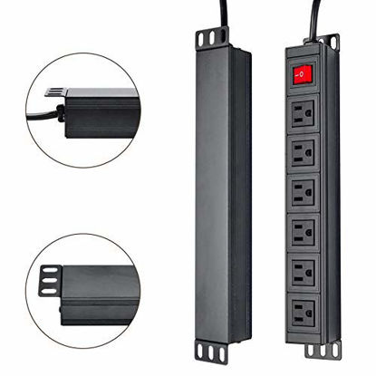 Picture of BTU 6 Outlet Power Strip Surge Protector  Metal Rack Mount PDU Power Outlet with Switch  6ft Long Extension Cord Heavy Duty Wall Mount Power Socket for Office Home Workshop  15A/125V  Black