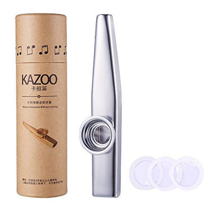 Picture of WANDIC Kazoo Flute with 3 Pcs Kazoo Flute Diaphragms, Silver Metal Aluminum Alloy Kazoo Flute Musical Instruments, Good Companion for Guitar, Ukulele and Violin