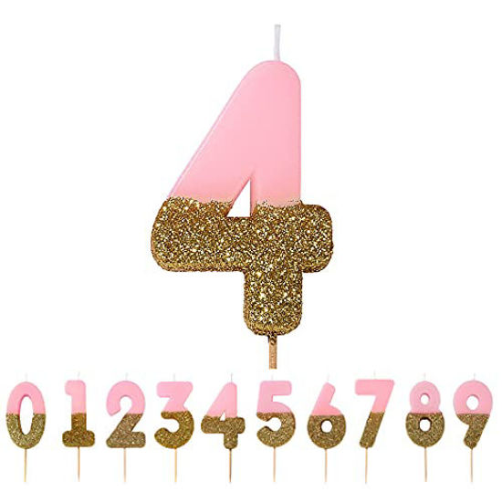 Picture of Talking Tables Pink Number 4 Candle with Gold Glitter Premium Quality Cake Topper Decoration for Kids, Adults, 40th Birthday Party, Anniversary, Milestone Age, Height 8cm, 3", PINK4