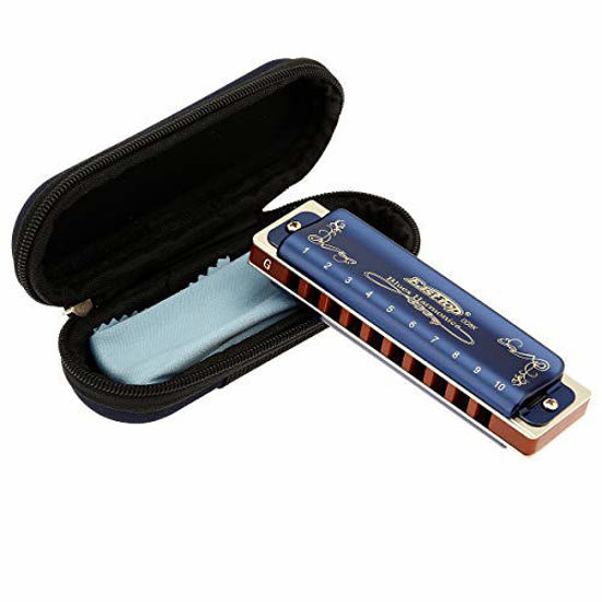 Picture of East top Diatonic Harmonica Key of G, 10 Holes 20 Tones 008K Diatonic Blues Harp Mouth Organ Harmonica with Blue Case, Standard Harmonica For Adults, Professionals and Students