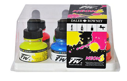 Picture of Daler-Rowney FW Acrylic Ink Bottle 6-Color Neon Set - Acrylic Set of Drawing Inks for Artists and Students - High Quality Permanent Art Ink Calligraphy Set - Calligraphy Ink for Color Mixing