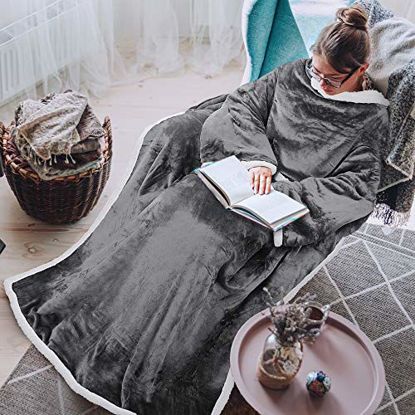 Picture of Tirrinia Sherpa Wearable Blanket Ultra Soft Comfy Warm Plush Full Body Throw with Sleeves, Reading Wrap TV Blankets Robe Cover for Adult Grandma Women and Men, Grey