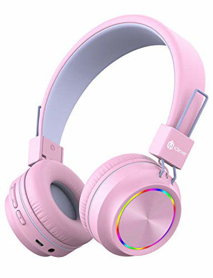 Picture of iClever BTH03 Kids Wireless Headphones, Colorful LED Lights Kids Headphones with MIC, 25H Playtime, Stereo Sound, Bluetooth 5.0, Foldable, Childrens Headphones on Ear for Study Tablet Airplane, Pink