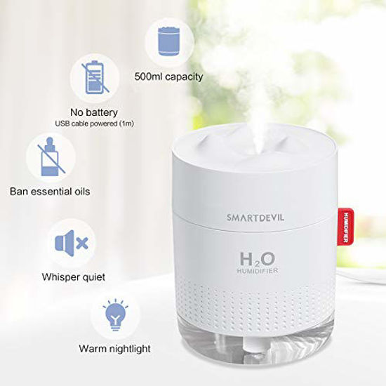 Picture of SmartDevil Small Humidifiers, 500ml Desk Humidifiers, Whisper-Quiet Operation, Night Light Function, Two Spray Modes,Auto Shut-Off for Bedroom, Babies Room, Office, Home (White)