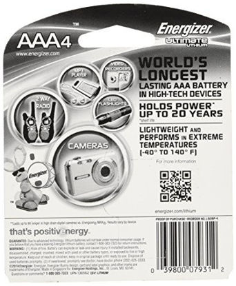 Picture of Energizer L92BP-4 Ultimate Lithium AAA Batteries, Worlds Longest-Lasting AAA Battery in High-Tech Devices (4 Pack)