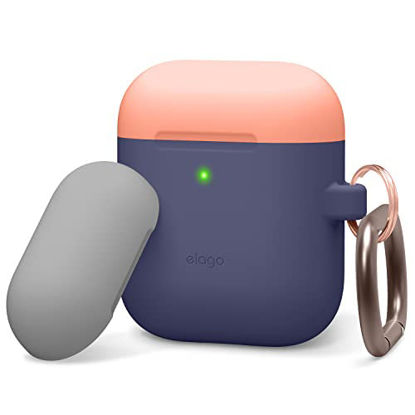 Picture of elago Duo Hang Case Compatible with Apple AirPods Case 1 & 2, Carabiner Included, Supports Wireless Charging, 2 Color Caps + 1Body [Peach, Grey + Jean Indigo]