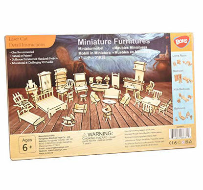 Picture of BOHS 34PCS Dollhouse Furnitures -Wooden 3D Puzzle - Scale Miniature Models Doll House DIY Accessories