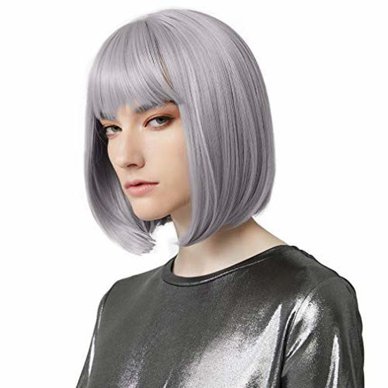 Picture of REECHO 11" Short Bob Wig with bangs Cosplay Synthetic Hair for White Black Women Color: Silver Gray