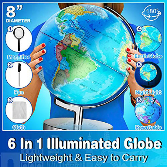 Picture of POOCCI Illuminated World Globe for Kids with Stand 6in1 Rewritable Colorful Easy-Read High Clear Map, Illuminates Educational Interactive Globe STEM Toy, Light Up Globe Lamp, Night Light LED Decor