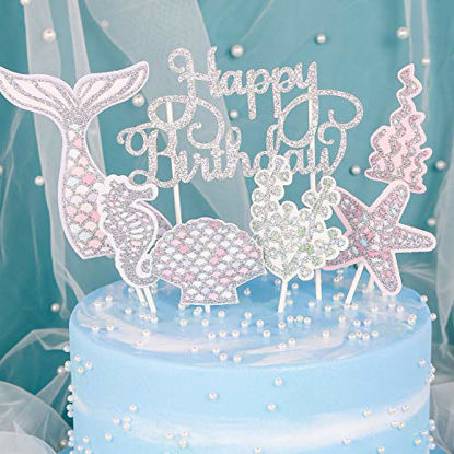Picture of PartyWoo Happy Birthday Cake Topper, 8 pcs Mermaid Cake Topper, Cake Toppers Happy Birthday for Cake Decorating, Happy Birthday Topper for Cake Decoration, Birthday Party Decorations (Silver)