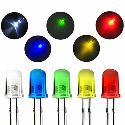 Picture of Novelty Place 100 Pcs (5 Colors x 20pcs) 5mm White/Red/Yellow/Green/Blue LED Diode Lights - DC 2V-3V 20mA Emitting Diodes LEDs Bulb - DIY Science Project Electronics Components Lighting Kit