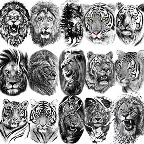 JOEHAPY 45 Sheets 3D Temporary Tattoos For Men Chest Shoulder Arm 9 Sheets  Large Fake Temporary Tattoo For Women Lion Wolf Adult Skull 36 Sheets  Small Black Tattoo Stickers For Kids Boys