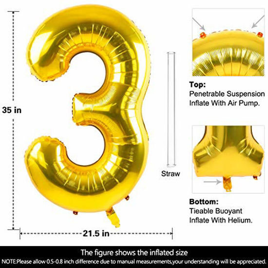 Picture of Lovoir 40 Inch Large Gold Number 3 Balloon Extra Big Size Jumbo Digit Mylar Foil Helium Balloons for Birthday Party Celebration Decorations Graduations Anniversary Baby Shower Engagement Photo Shoot