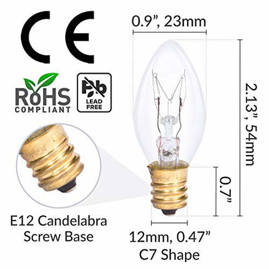 Picture of Simba Lighting C7 7W Replacement Bulb (6 Pack) for Night Light, Clear Candle Shape, 120V, E12 Candelabra Base, Dimmable, 2700K Warm White