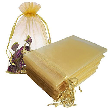 Picture of Gmnosuw 50pcs Organza Drawstring Gift Wrap Bags for Jewelry,Solid Color Sheer Fabric 4x6 Inches Mesh Gold Recycled Room Decor Sachet for Baby Shower,Christmas,Birthday,Party Favors,Wedding,Graduation