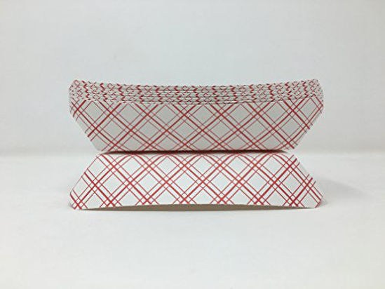 Picture of Mr. Miracle 7 Inch Paper Hot Dog Tray in Red White Pattern. Pack of 50. Disposable, Recyclable and Fully Biodegradable. Made in USA