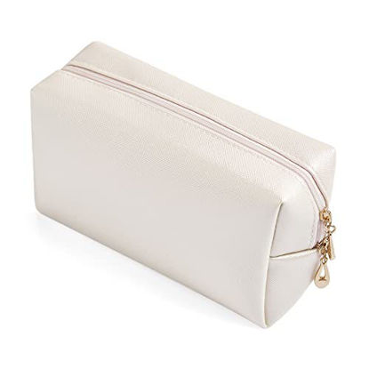 Picture of PU Leather Cosmetic Bag for Women Girls Minimalism Makeup Bag for Daily Use Portable Storage Purse Small Neat Cosmetic Pouch Water-resistant Toiletry Bag for Travel (Ivory White)