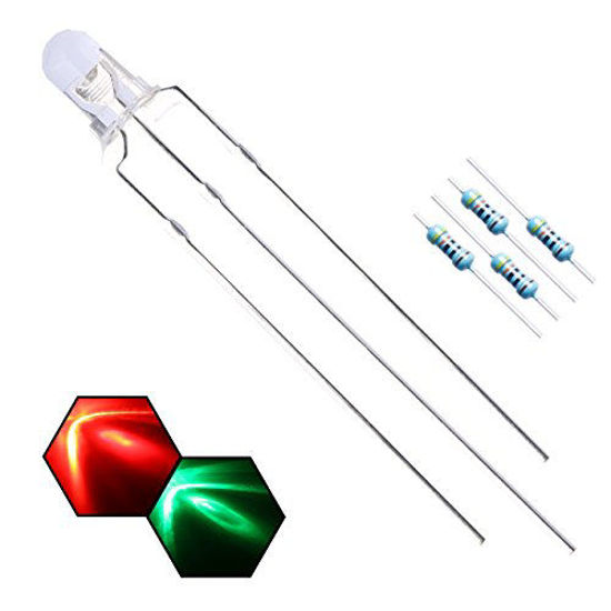 Picture of EDGELEC 100pcs 3mm Red & Green Lights Bi-Color LED Diodes Common Anode Clear Round Lens +200pcs Resistors (for DC 6-12V) Included, Bright Bulb Lamps Light Emitting Diode