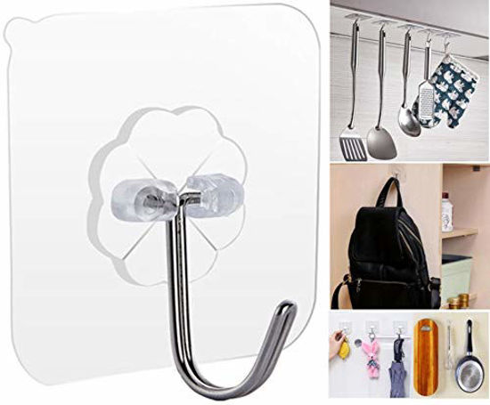 Reusable Adhesive Wall Hooks Duty Wall Hanger Stickers with Stainless Hooks-  No Damage Wall Ceiling Decoration Hanging Coats Paintings Bags for Bathroom  Kitchen Living Room (Clear, 6PCS)