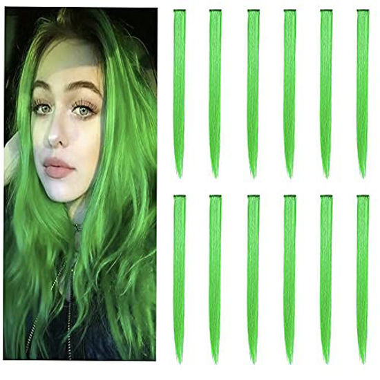 Picture of 12 PCS Colored Hair Extensions, SOYZMYX Multi-color Party Highlights Clip in Synthetic Hair Extensions, 22 inch Colorful Hair Accessories for Girls Women Kids Straight Hairpieces in Halloween (Green)