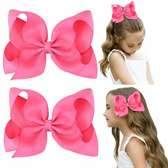 Picture of DEEKA 2 PCS 6" Big Hand-made Grosgrain Ribbon Solid Color Hair Bows Alligator Clips Hair Accessories for Little Teen Toddler Girls Kids Set of 2 -Hot Pink