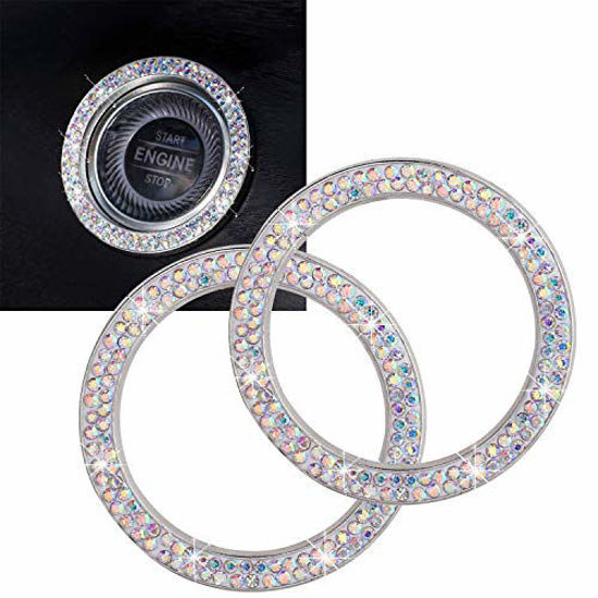 Picture of ToBeQueen Car Crystal Ring Sticker Multicolor Bling Ring Car Interior Emblem,2 Pcs Crystal Ring Car Decal Start Engine Ignition Button for Women Girl Rhinestone Bling Car Accessories Colorful