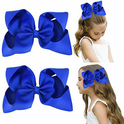 Picture of DEEKA 2 PCS 6" Big Hand-made Grosgrain Ribbon Solid Color Hair Bows Alligator Clips Hair Accessories for Little Teen Toddler Girls Kids Set of 2 -Royal Blue