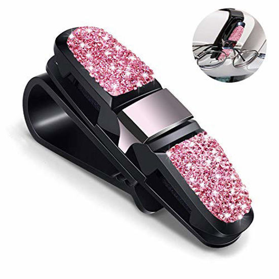 Picture of CHIMUYU Glasses Holders for Car Sun Visor, Bling Crystal Rhinestones Fashion Rotatable Car Eyeglasses Sunglasses Hanger Mount with Ticket Card Clip for Women Girls (Pink)