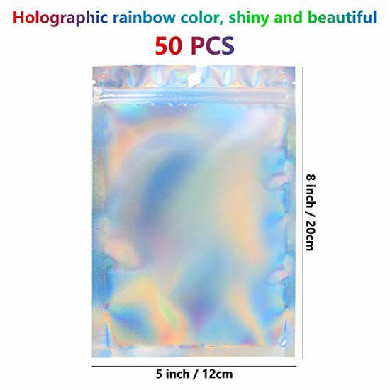 Picture of 50 Pieces 5'' x 8 Holographic Bags Resealable Smell Proof Bags Holographic Rainbow Color Bags Foil Pouch Ziplock Bags for Party Favor Food Storage, Coffee Beans, Candy & Jewelry Packaging