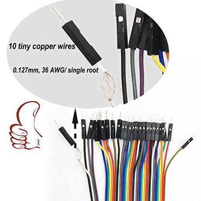 Picture of Haitronic 120pcs 20cm Length Jumper Wire/Dupont Cable Multicolored(10 Color) M to F, M to M, F to F Each 40pin for Prototype Breadboard/DIY/Raspberry Pi 3, 4/Orange pi/BBC Micro: bit/Makey makey