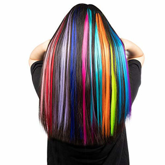 Picture of 12 Pcs Colored Party Highlights Colorful Clip in Hair Extensions 22 inch Straight Synthetic Hairpieces for Women Kids Girls, Rainbow