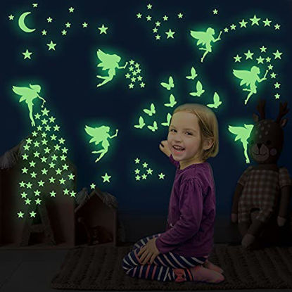 Picture of Glow in The Dark Fairy Stickers for Wall Decals, Stars and Moon Glowing Ceiling Decor, Flower Butterfly Luminous Decoration for Kids Bedroom, Wall Decor for Boys and Girls Gift