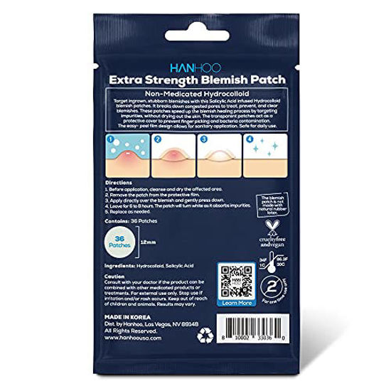 Picture of Hanhoo Extra Strength Blemish Patch | Hydrocolloid and Salicylic Acid, Absorbs Fluid, Unclogs Pores, Reduces Size of Blemishes | For Blind, Recurring, and Hormonal Acne (36 Count)