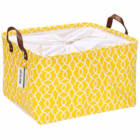 Picture of Sea Team Moroccan Geometric Pattern Canvas Fabric Storage Basket Collapsible Geometric Design Storage Bin with Drawstring Cover and PU Leather Handles, 16.5 by 11.8 inches, Waterproof Inner, Yellow