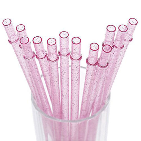 Picture of DAKOUFISH BPA-Free 12 Piece 9 Inch Reusable Clear Plastic Glitter Sparkle Drinking Straw Plus one Cleaning Brush (Pink,9inch)