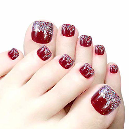 Picture of Press on Toenails for Women False Nail for Toe Full Cover Fake Toenail Fashion Nails Artifical Toenails Acrylic Foot Nail Tips 24Pcs (Red Bling)