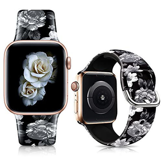 Picture of IKANFI Bands Compatible with Apple Watch Band 38mm 40mm 41mm 42mm 44mm 45mm for Women Men Silicone Floral Pattern Printed Band Strap for iWatch Band SE Series 7 6 5 4 3 2 1 Wristband