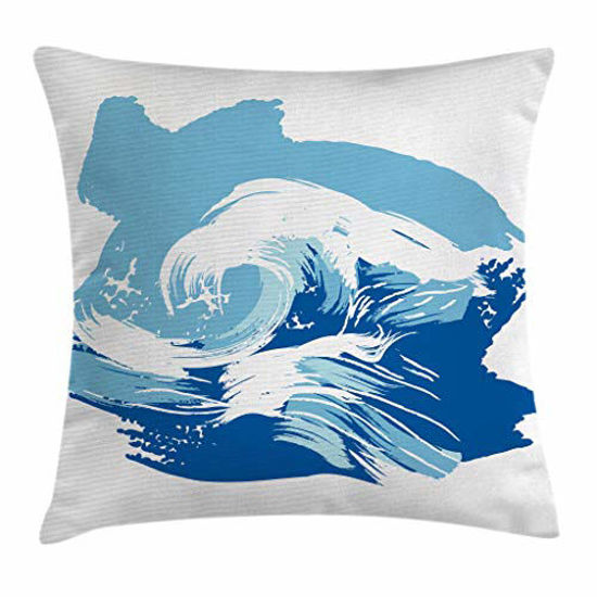 Picture of Ambesonne Ocean Throw Pillow Cushion Cover, Sealife Beach Themed Surfing Miami Waves Sea Marine Life Image Art Print, Decorative Square Accent Pillow Case, 24" X 24", Blue