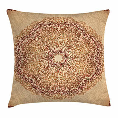 Picture of Ambesonne Mandala Throw Pillow Cushion Cover, Mystical Meditative Inner Sign Style Motif with Repeating Lines, Decorative Square Accent Pillow Case, 24" X 24", Brown Tan