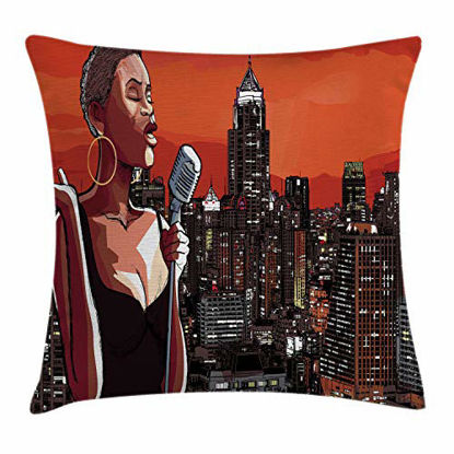 Picture of Ambesonne African Throw Pillow Cushion Cover, Jazz Singer on New York Roof Cityscape Urban Music Popular Town Illustration, Decorative Square Accent Pillow Case, 20" X 20", Scarlet Grey